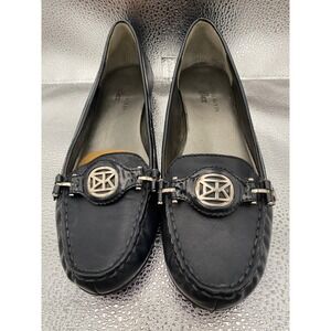 Anne Klein iFlex Newlan Black Leather Loafers Silver Logo Flats Womens 7.5M